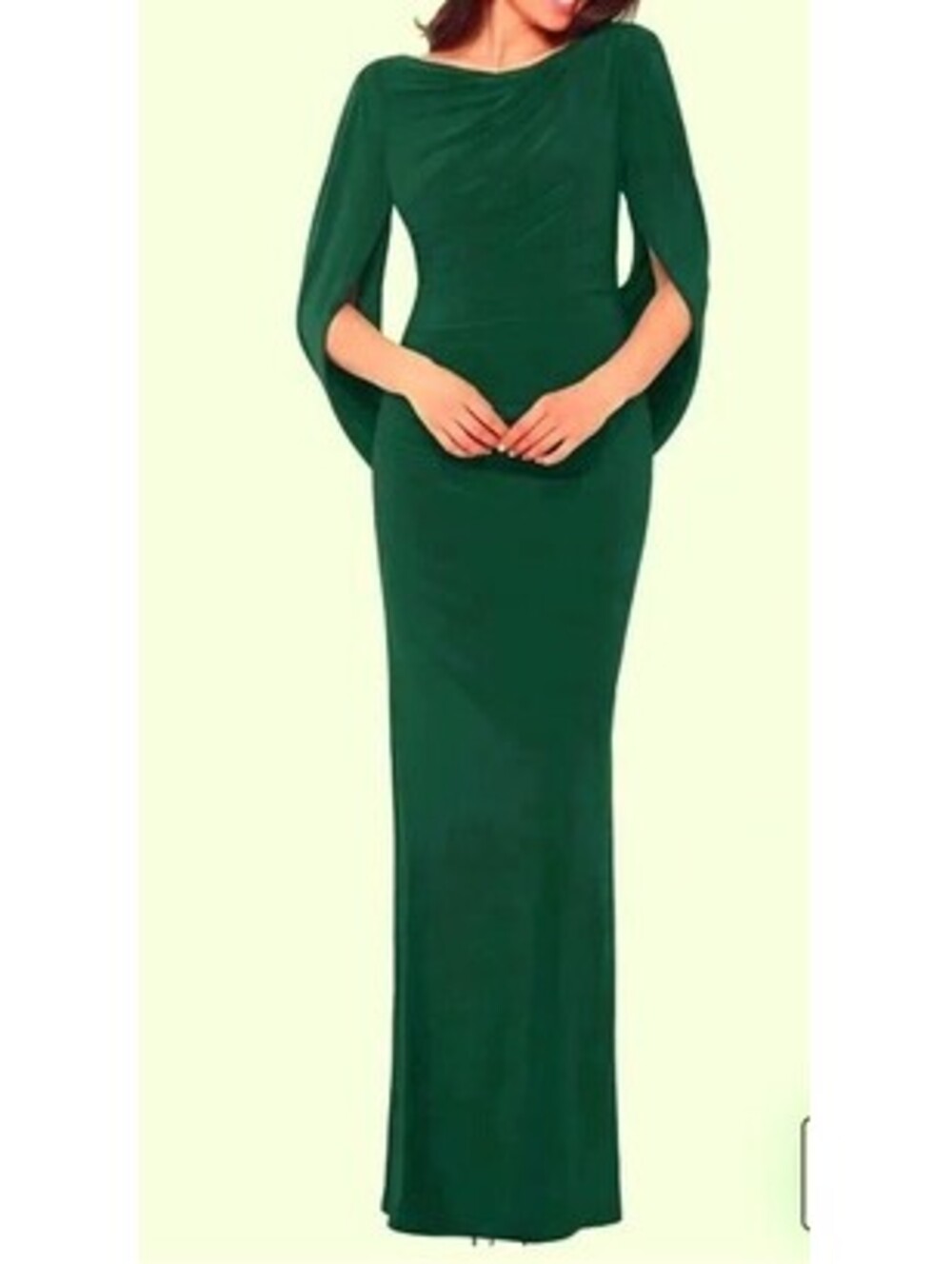 Betsy & Adam Forest Green Cape Long Sleeve Trumpet Gown Size 14W Modest $400
